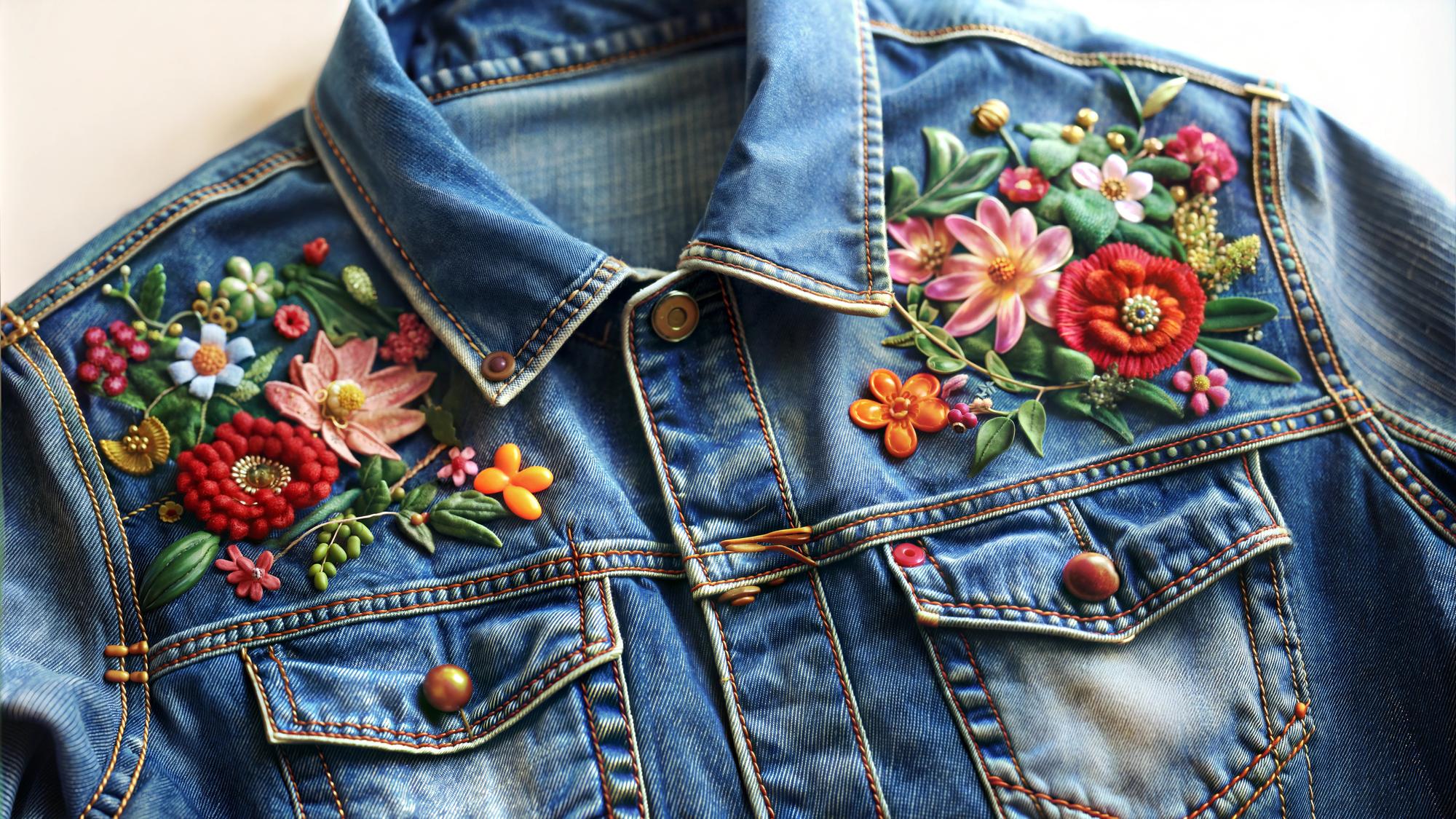 Floral embroidered patch on denim